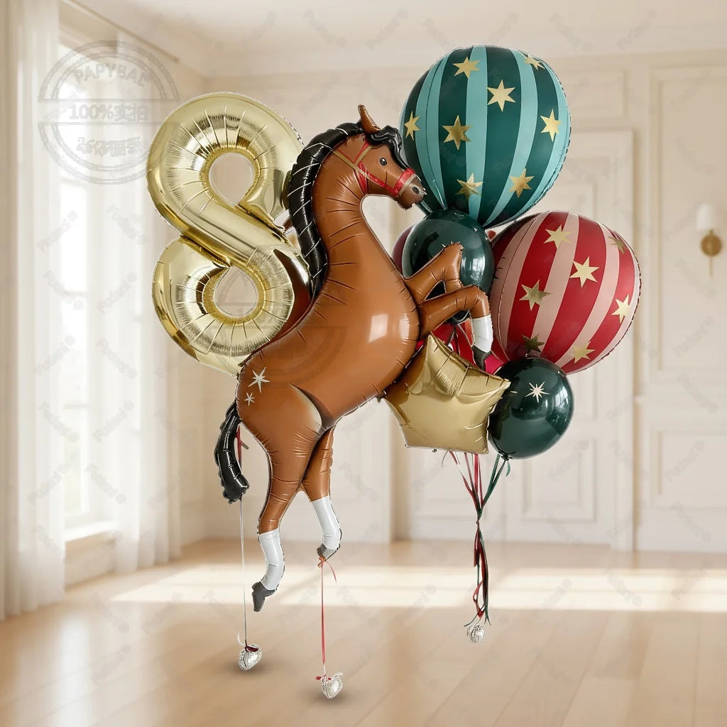 12pc Giant Race Horse Striped Star Balloons with 1-9 Cream Number Balloon for Cowboy Animal Theme Birthday Farm Party Decoration