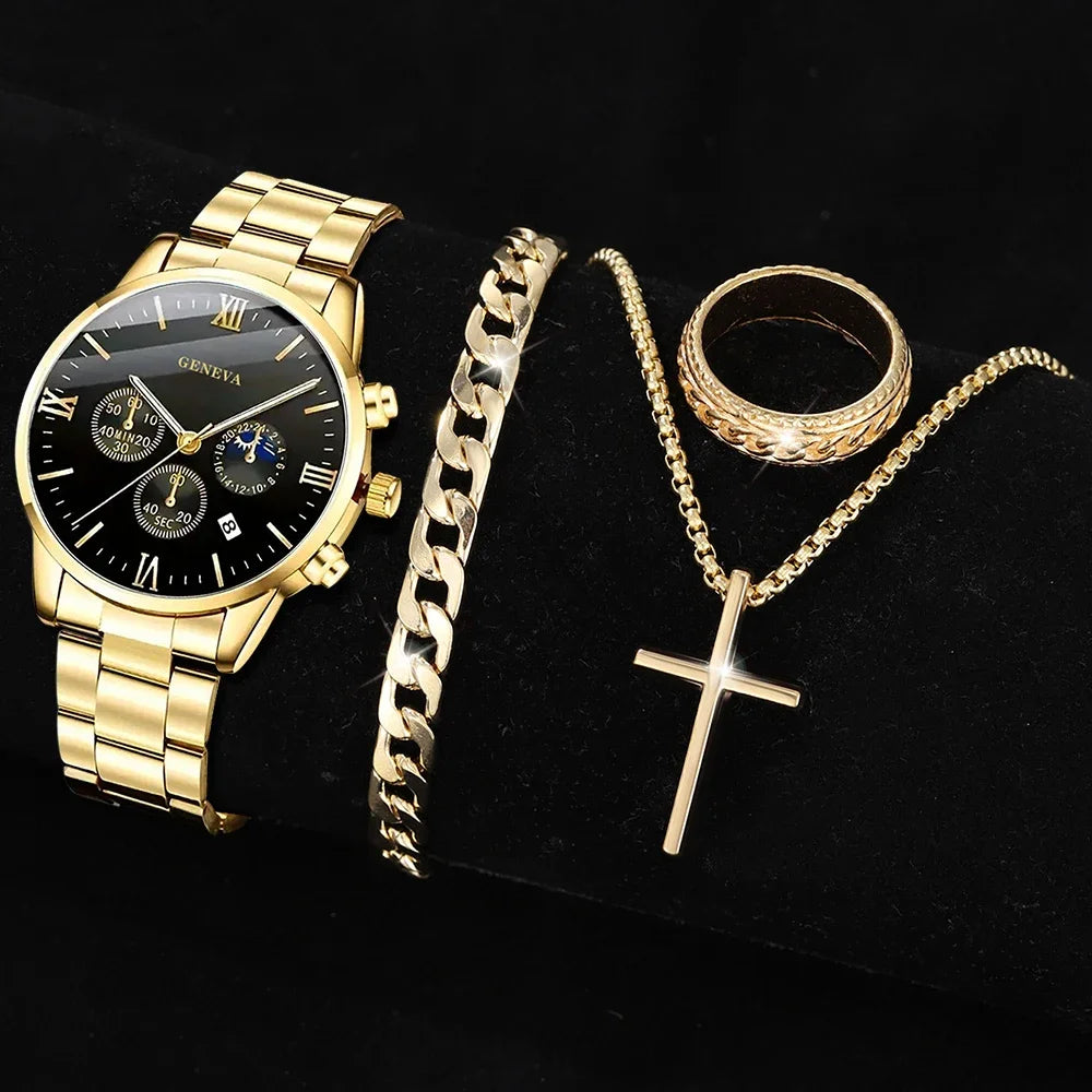 Men's 4-Piece Watch Gift Set | Quartz Watch, Cross Pendant, Ring & Bracelet | Gift for Him
