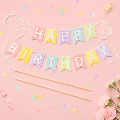 Happy Birthday Cake Topper Banner, Pastel Felt Cake Decoration for Birthday Party Dessert Table Celebration Supplies