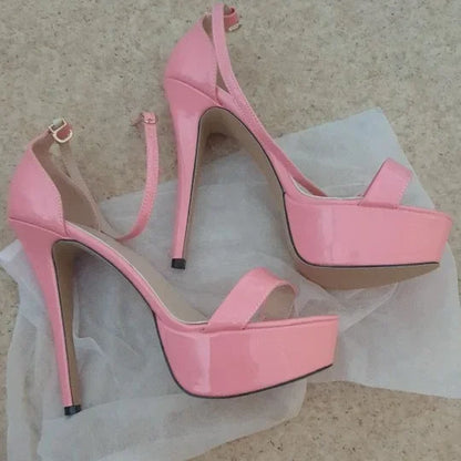 Women Sandals Sexy Open Toes 14cm Supper Flash High Heels Patent Leather Nighclub Platform Party Red Wedding Shoes Plus Size 44