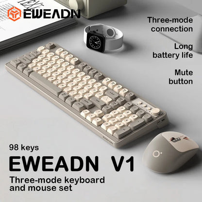 EWEADN V1 Stylish 3-Mode Wireless Combo Backlit Quiet Keyboard Mouse Ergonomic Desktop Kit