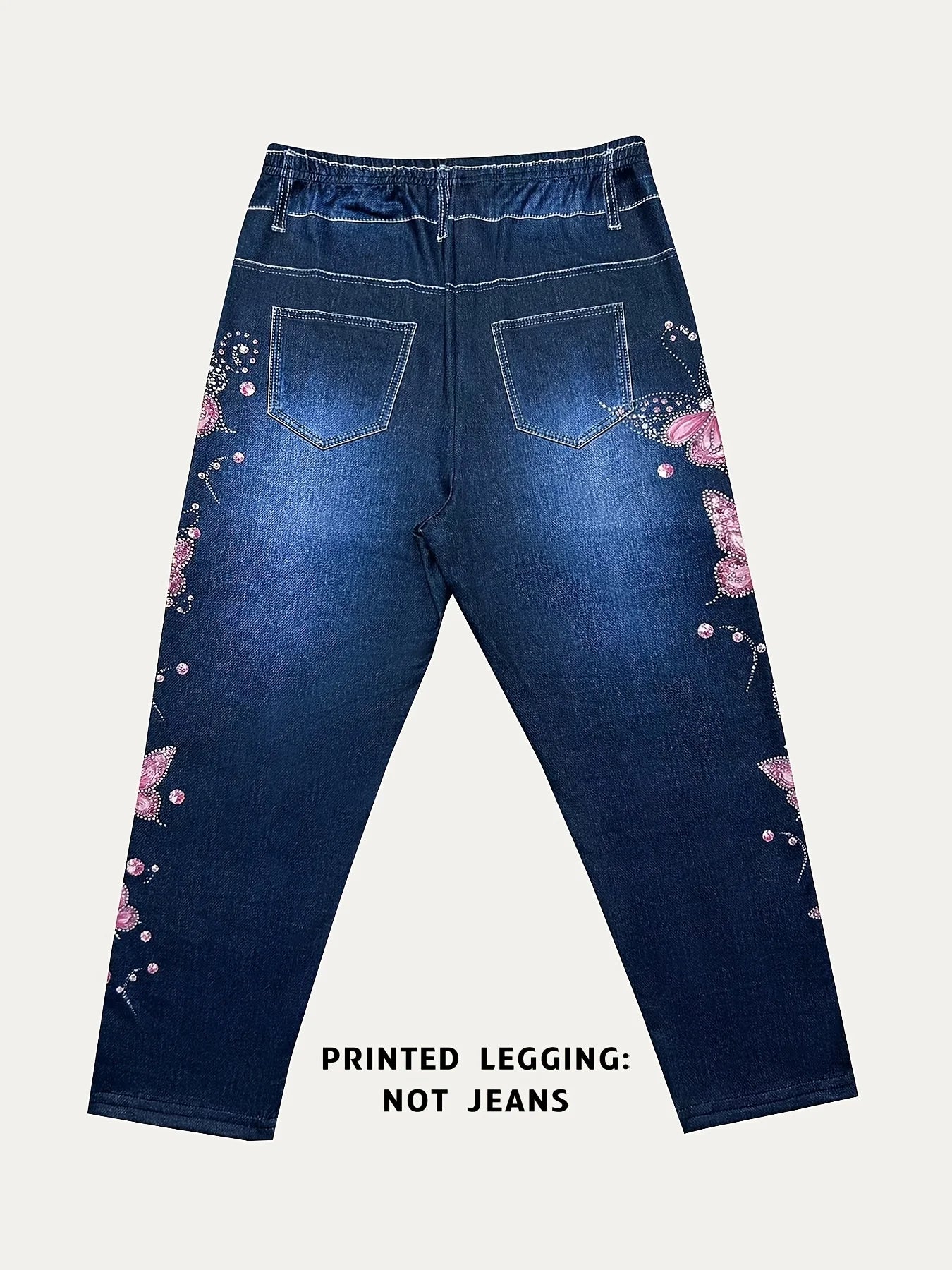 Women High Waist Slim Fit Floral Print Fake Denim 7/8 Cropped Capri Pants, Suitable For Daily Casual & Sports Wear