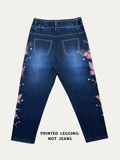 Women High Waist Slim Fit Floral Print Fake Denim 7/8 Cropped Capri Pants, Suitable For Daily Casual & Sports Wear
