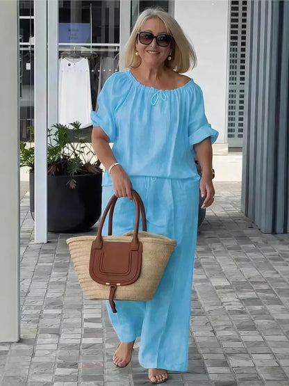 Fashion Casual Woman 2 Piece Set Outfit New Spring And Summer Women's Loose Drawstring Round Neck Top And Pants Two-piece Set