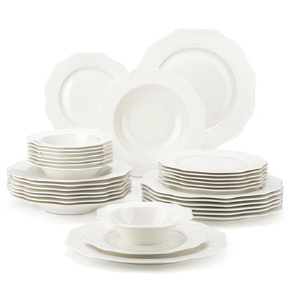 MALACASA 16/32-PIECE Nordic European Golden Rim White Porcelain Tableware Set with Bowl,Dinner&Dessert&Soup Plate Set for 4/8
