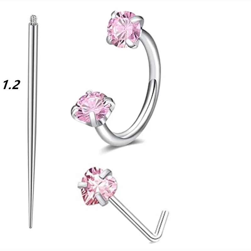 6/2pcs Horseshoe Nose Rings With L-Shape Nose Stud, Stainless Steel Rianbow CZ Nose Ring,, Lip Eyebrow Helix Ear Piercing