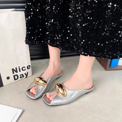 2026 new elegant temperament metal buckle fish mouth slippers fashionable flat shoes PU slippers