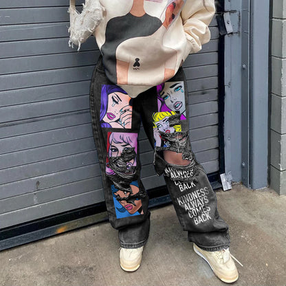 Women's 2023 New Street Fashion INS Network Red American Individualized Girls' Graphic Print Perforated Beggar Denim Pants