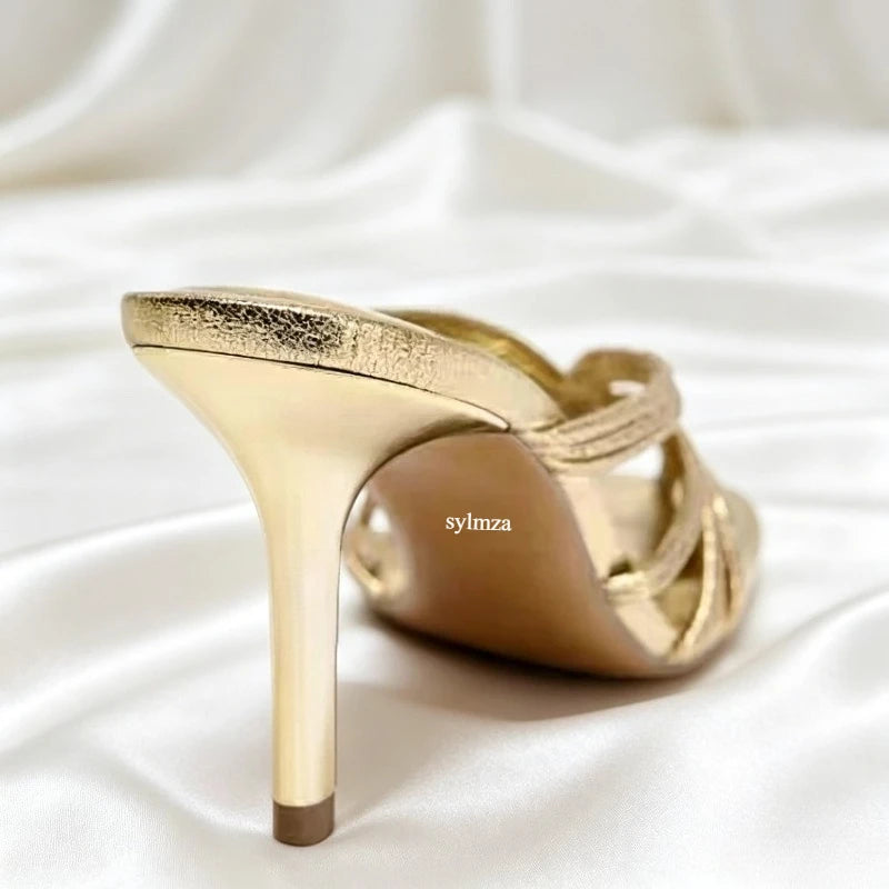 Gold Shiny Luxury Mules Heeled Sandals Women Weave Rome Heels for Ladies Banquet Dress Shoes Fashion Retro Slippers Women Slides