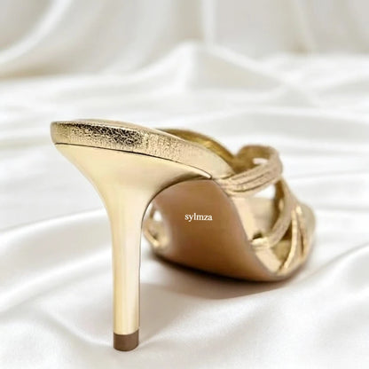 Gold Shiny Luxury Mules Heeled Sandals Women Weave Rome Heels for Ladies Banquet Dress Shoes Fashion Retro Slippers Women Slides