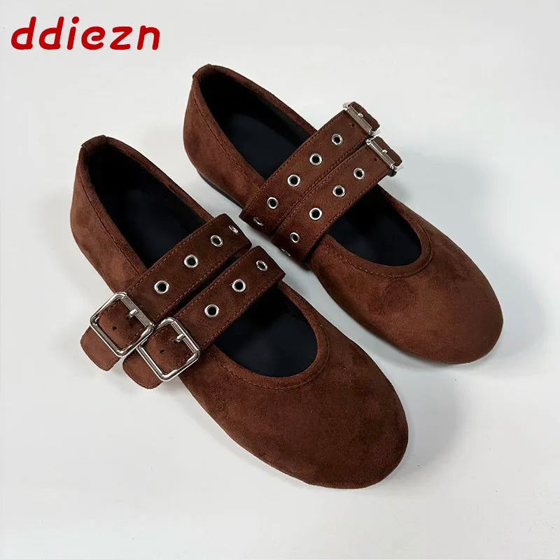New Fashion Buckle Strap Footwear Flock Ballet Flats Women Dance Shoes Female Round Toe Ladies Mary Janes Flats Lolita Shoes