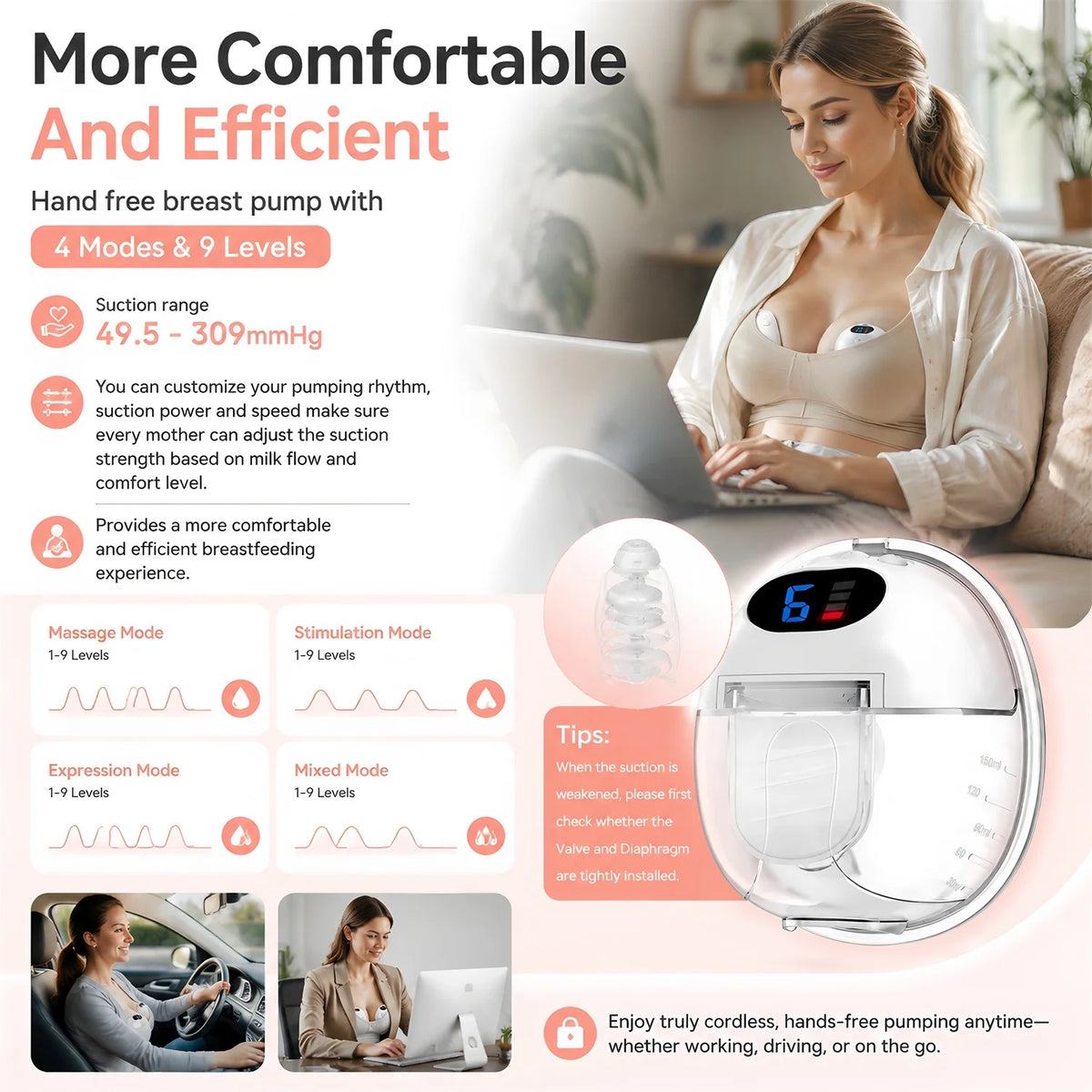 Wearable Breast Pump Hands Free Electric Wearable Breast Pumps Slient BPA-free Breastfeeding Milk Collector Wearable Breast Pump