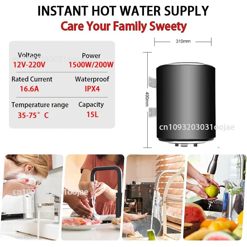 Electric Water Heater 10L 12V 220V 1500W Dual Voltage Hot Water Heaters With Display for Bathroom Shower RV Kitchen Heating