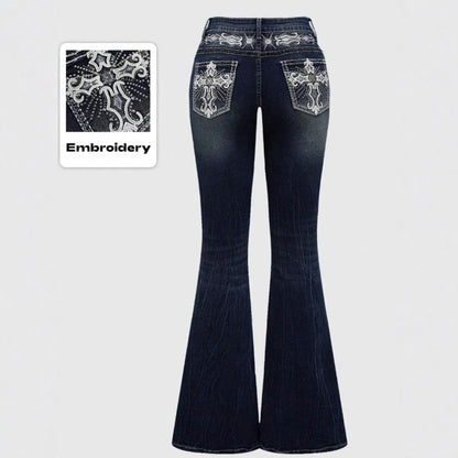 Jeans Flare Pants Women Vintage Boot Cut Embroidery Pockets Rhinestone Washed Female Distressed Denims Trousers Streetwear