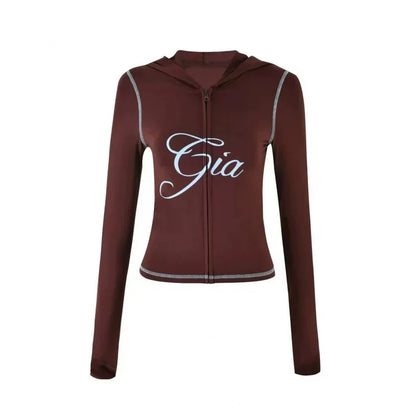 Gia Straight Shoulder Slim Letter Print Slim Hooded Zipper Short Jacket Sports Casual Pants Set
