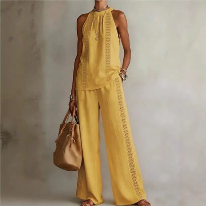 Sexy Halter Neck Sleeveless Tops Women's Suit Summer New Fashion Loose Retro Hollow Lace Pocket Wide Leg Pants 2-piece Set 2026