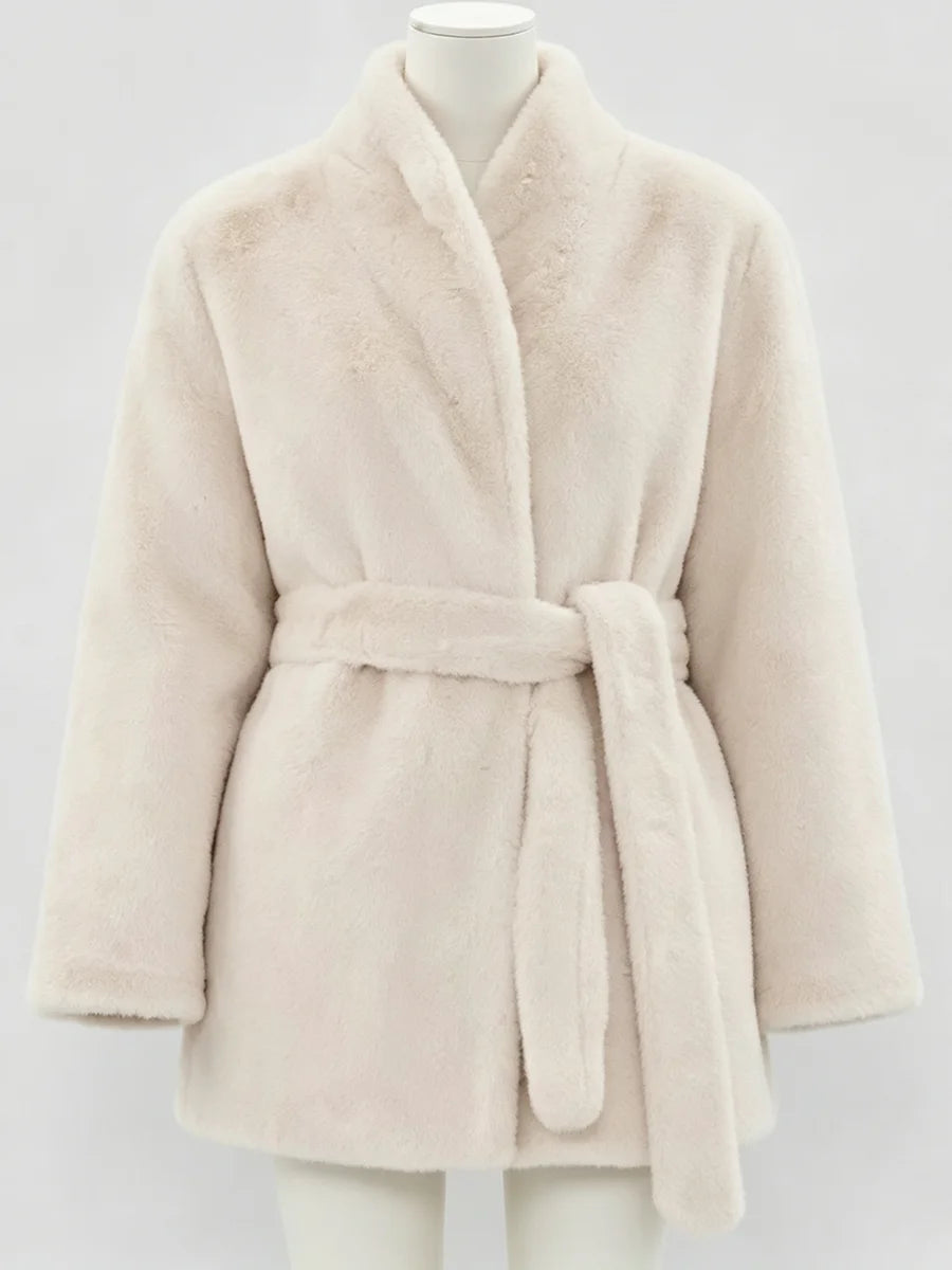 LIMO Women  Faux Mink Fur Coat Wrap Belted Waist Stand Collar Long Sleeve Loose Warm Winter Elegant Ladies  Plush Outerwear