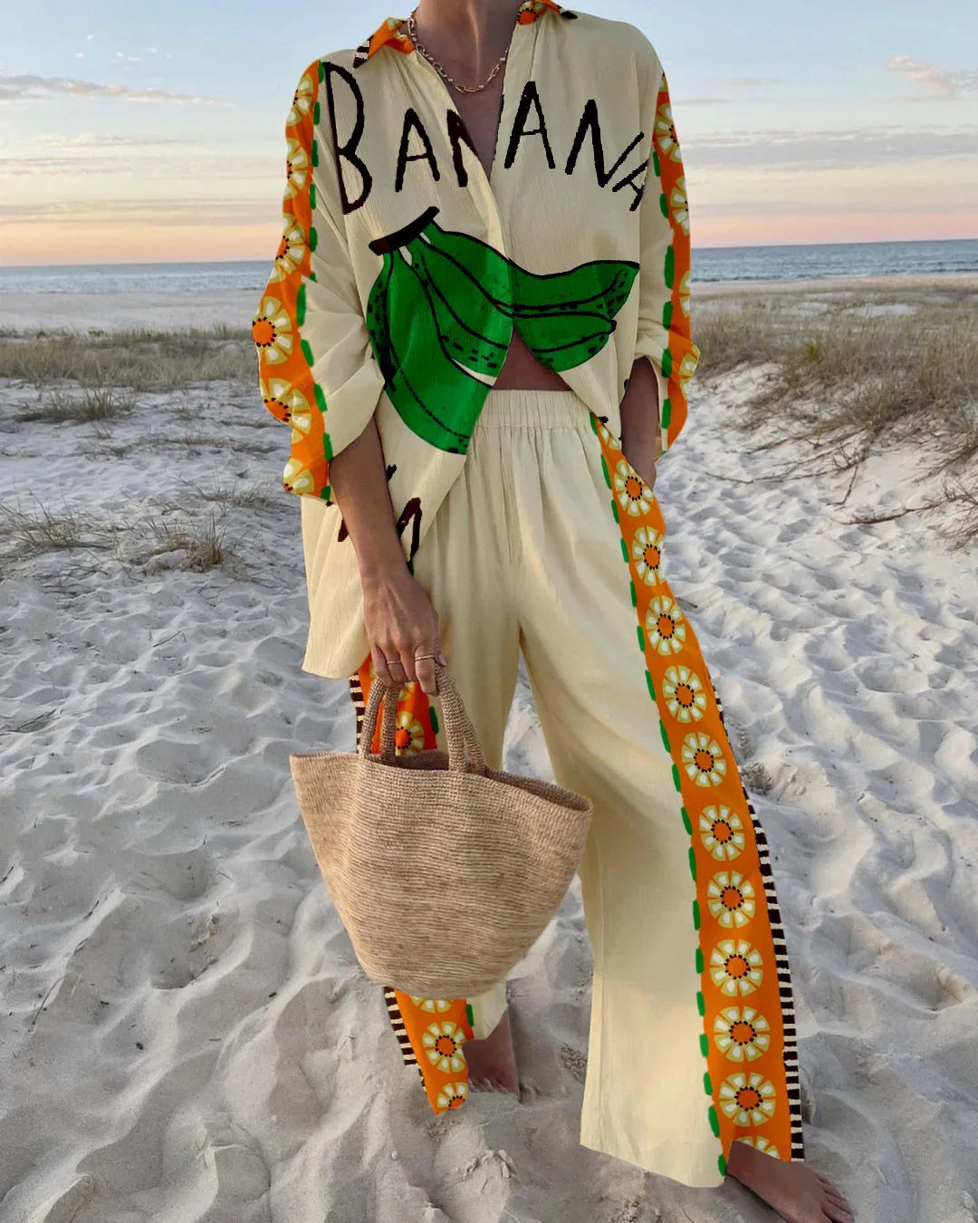 Fashion Print Beach Holiday 2-Piece Set Women Spring Summer Long Sleeve Shirt Top + Wide Legs Women's Oversized Two-Piece Outfit