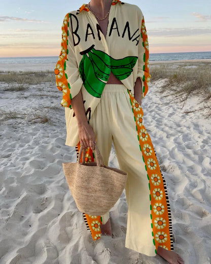 Fashion Print Beach Holiday 2-Piece Set Women Spring Summer Long Sleeve Shirt Top + Wide Legs Women's Oversized Two-Piece Outfit