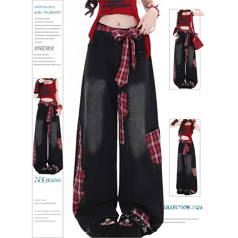 Retro Black Bow Tie Strap Patchwork Jeans Checkered Sweet Women Trouse High Waisted Loose Wide Leg Casual Y2K Denim Pants