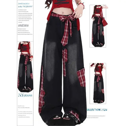 Retro Black Bow Tie Strap Patchwork Jeans Checkered Sweet Women Trouse High Waisted Loose Wide Leg Casual Y2K Denim Pants