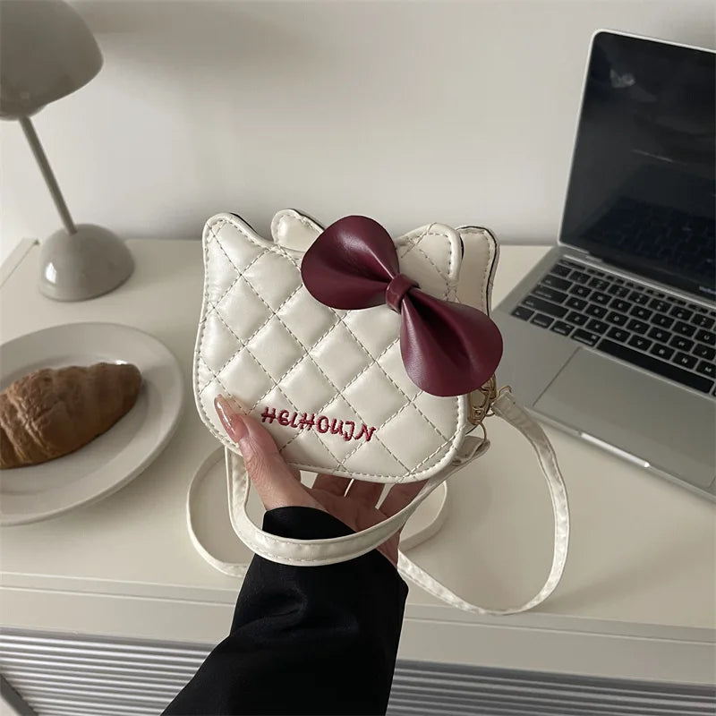 Lovely Cat Pattern Women Handbag Fashion Rhombus Grid Shoulder Bag Sweet Bowknot Crossbody Bag