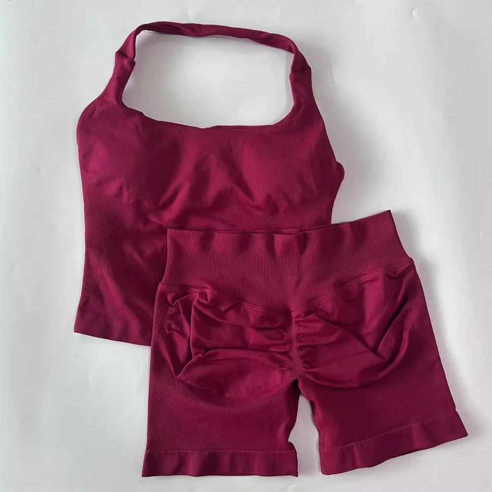 1-2pcs Gym Set Women Backless Tank Tops High Waist Scrunch Seamless Shorts High Waist Yoga Leggings Workout Sets Gym Suit