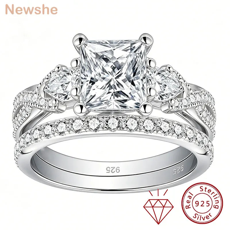 Newshe 2 Pcs Wedding Ring Set 925 Sterling Silver Moissanite Certified Princess Pear Cut Engagement Rings for Women Fine Jewelry