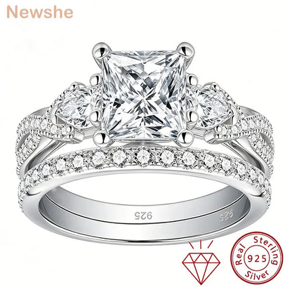 Newshe 2 Pcs Wedding Ring Set 925 Sterling Silver Moissanite Certified Princess Pear Cut Engagement Rings for Women Fine Jewelry