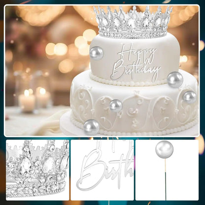 8 Pcs Silver Queen Crown Birthday Cake Topper for Women Rhinestone Crystal Tiara Wedding Happy Birthday Cake Decoration Foam