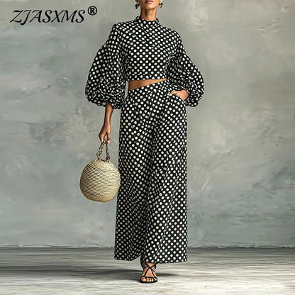 Vintage Polka Dot Matching Suits Women Mock Neck Lantern Sleeve Cropped Short Blouse & Loose Pants Sets Casual Two Piece Outfits