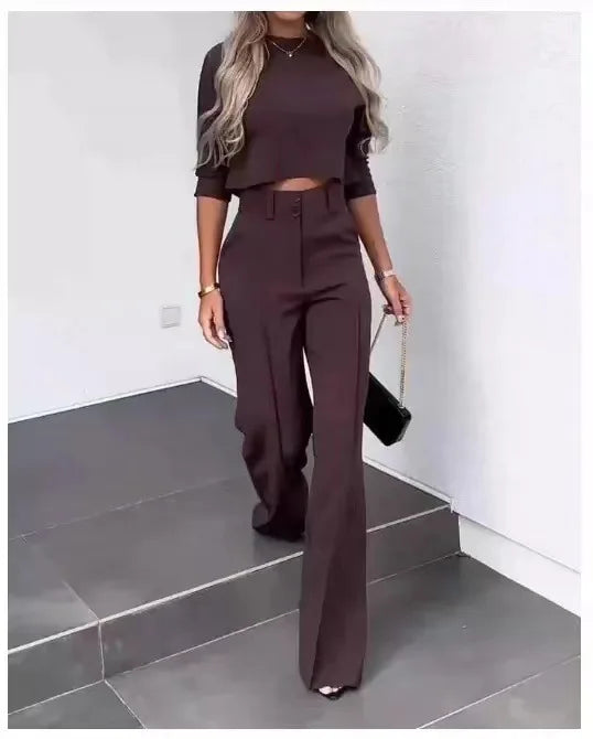 Casual Long Sleeve Shirt Pants Set Office Lady Spring Autumn Fashion