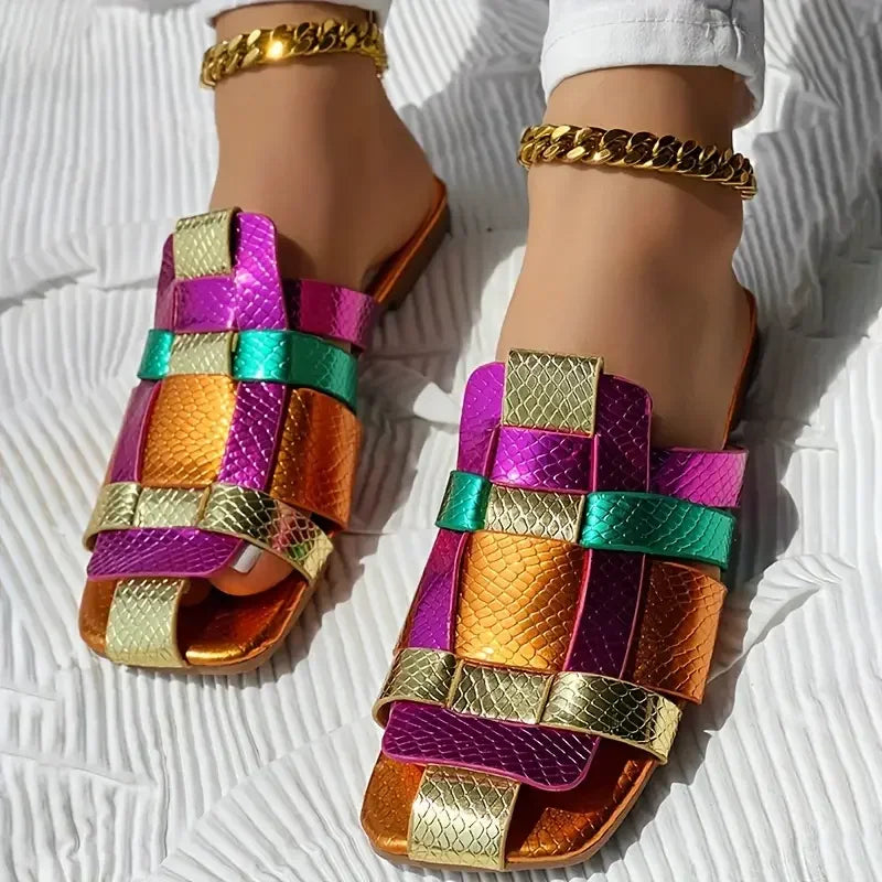 Summer Colorful Fashionable Sexy Casual Soft Luxurious Square Toe Hollow Roman Flat Shoes Model Vacation Comfortable Slippers