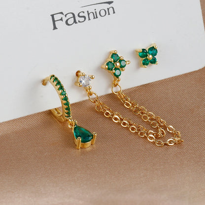 3PCS Set Stainless Steel Crystal CZ Butterfly Ear Stud Earring Gold Plated Pendant Water Drop Cartilage Earring Piercing Jewelry