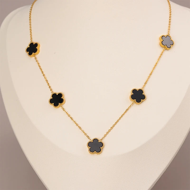 14K Gold Plated Stainless Steel Necklace Woman Five Leaf Petals Double