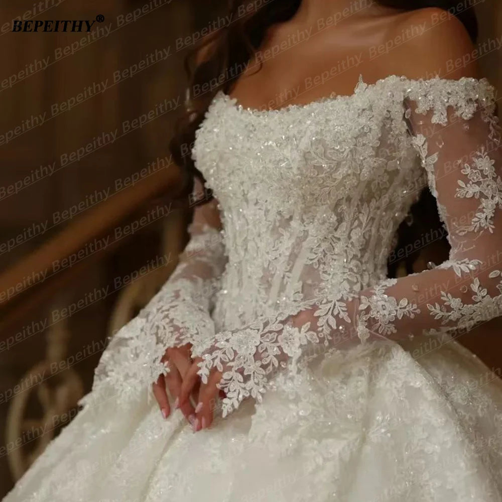 BEPEITHY Customizd Off Shoulder Long Sleeves Princess Wedding Dresses 2026 Ivory Plus Size Crystal Bride Romantic Bridal Gown