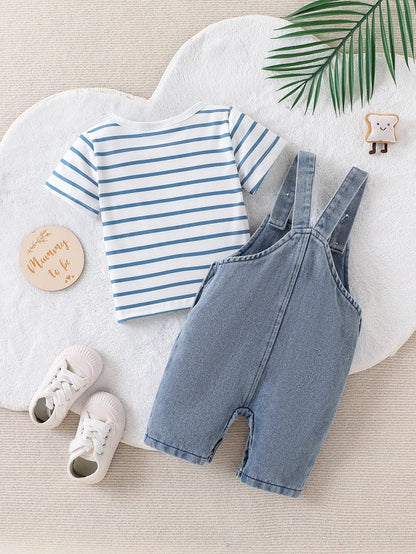 Baby Boy Striped T-Shirt + Cartoon Bear Denim Overalls Set, Cute Summer Casual Outfit for Going Out