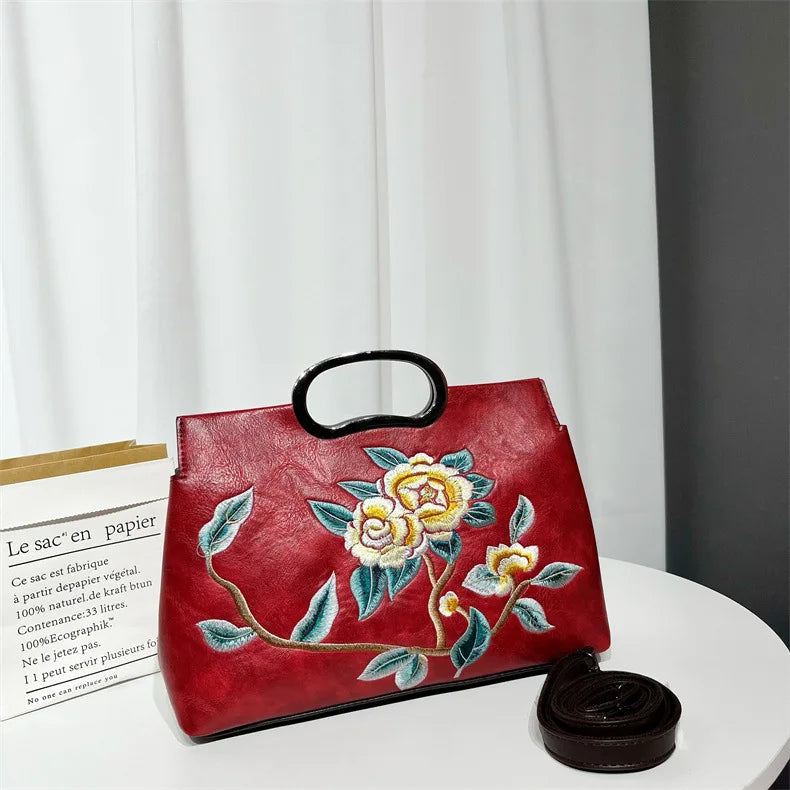 Elegant Women's Handbag Embroidered Peony Print Crossbody Bag Wear-Resistant Fashionable Daily Use Square Shape Zipper Closure