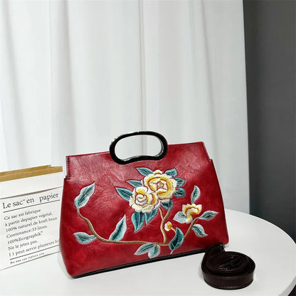 Elegant Women's Handbag Embroidered Peony Print Crossbody Bag Wear-Resistant Fashionable Daily Use Square Shape Zipper Closure