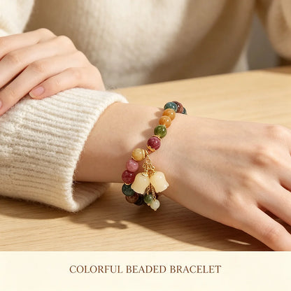 Vintage Antique Style Beaded Bracelet, Chinese Multi Gemstone Wristband with Carved Lily of The Valley Pendant, Retro Heirloom Aesthetic Jewelry Gift for Classic Fashion Lovers