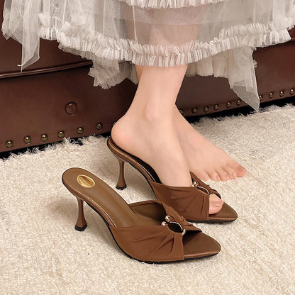 Summer Elegant Solid Color Round Toe High-heeled Slippers, Fashionable Hot Selling New Comfortable Plus Size Women's  Shoes