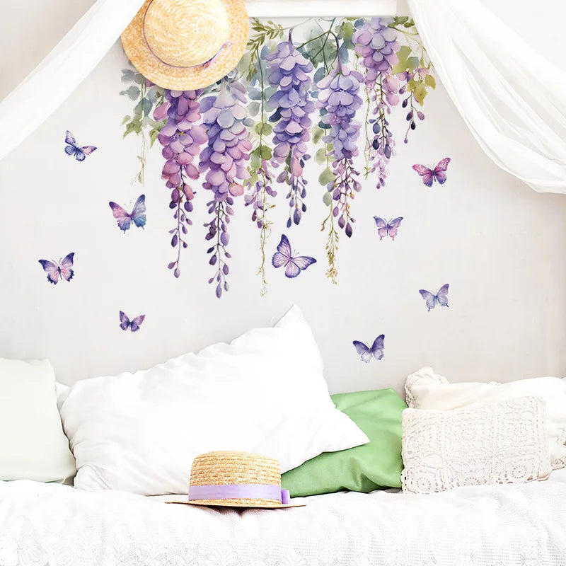 Purple Flower Plants Floral Wall Stickers Home Room Decoration Bedroom Adhesive Wallpaper Wall Furniture Door House Interior