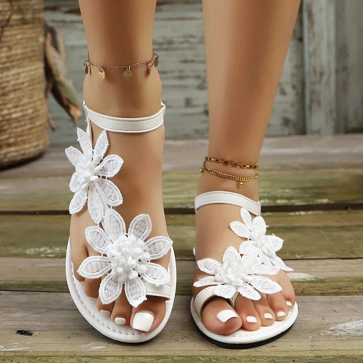 Delicate Floral Lace Flat Sandals for Women, Elastic Back Strap Open Toe Sandals, Elegant Summer Casual Shoes