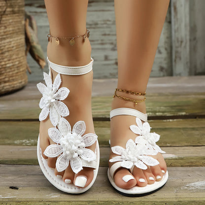Delicate Floral Lace Flat Sandals for Women, Elastic Back Strap Open Toe Sandals, Elegant Summer Casual Shoes