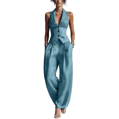 Women Outfit Women Two-piece Suit Women's Summer Two-piece Set Button-down Vest Wide Leg Pants Matching Outfit Business Workwear