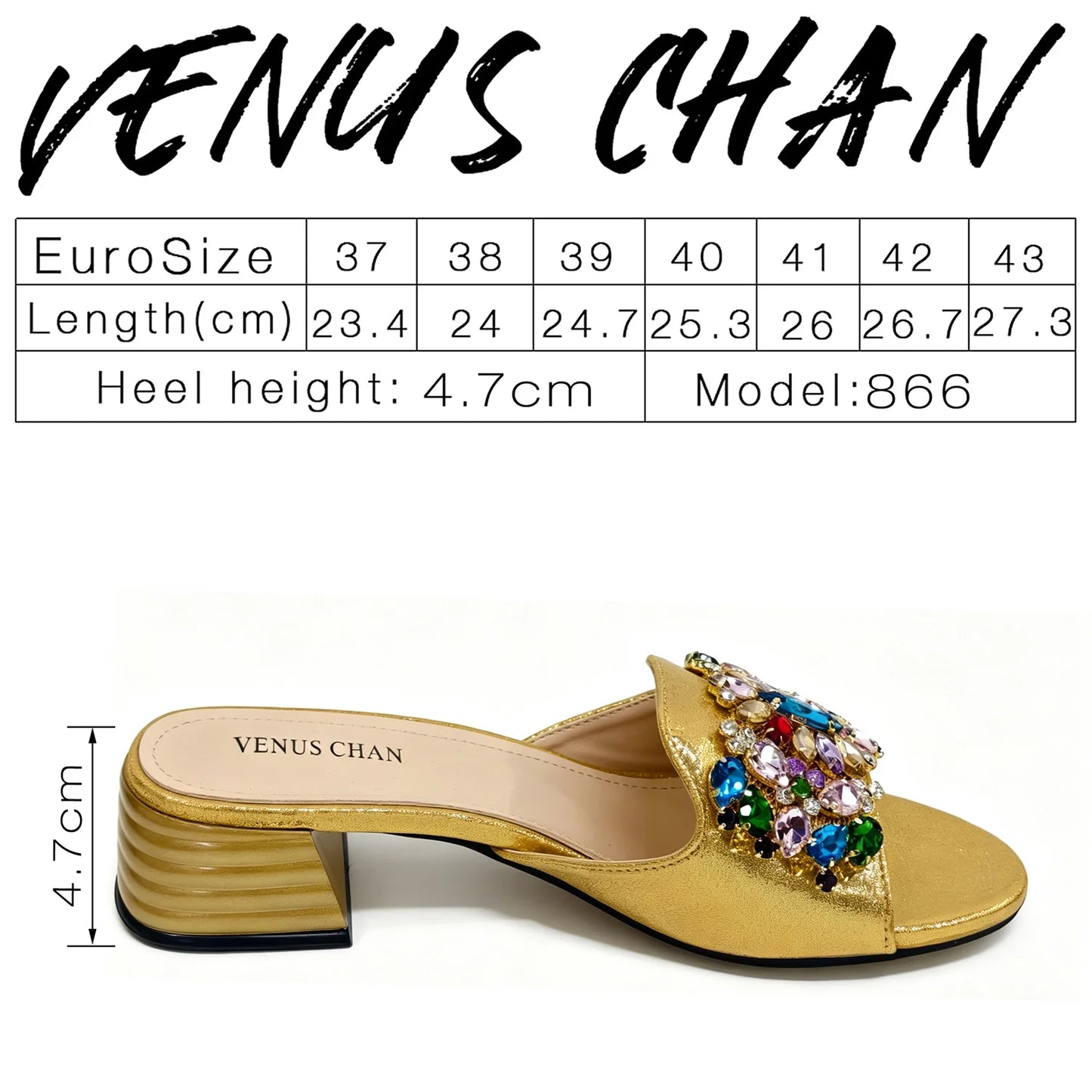 Women's Luxury Gold Satin Low Block Heel Mules Sparkly Colorful Gem Rhinestone Jeweled Open Toe Slide Sandals Summer Party Shoes