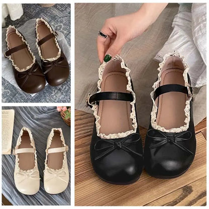 Lolita PU Leather JK Flat Shoes Bow Sweet Slip On Loafers Soft Sole Lace Ruffled Mary Jane Shoes Women