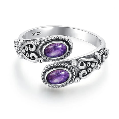 925 Vintage Silver Ring with Natural Moonstone 6*8mm Adjustable Rings Flower Bohemia Style Fine Jewelry for Women