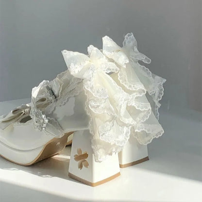 Lovely Girls Pink Lolita Butterfly Knot High Heels Platform Shoes for Women Cute Sakura Dress Mary Janes Beige Size 34-42