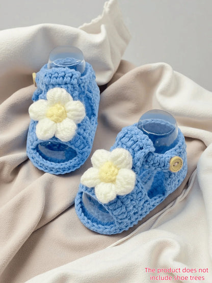 1 Pair Crochet Baby Girl Sandal Booties, Pink, Daisy Flower Accent with Button Strap, Infant Shoes